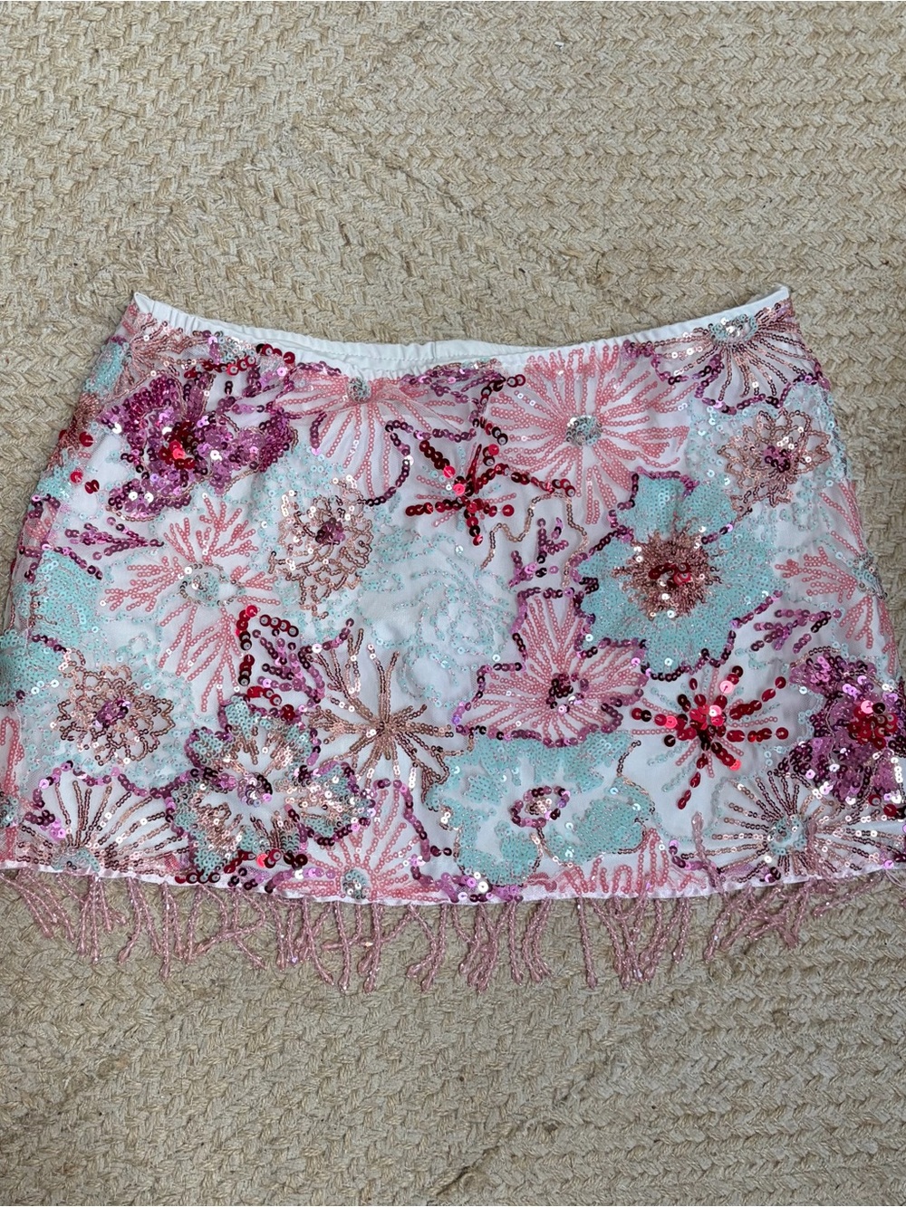 Embellished Pink Floral Sequin Mini Skirt